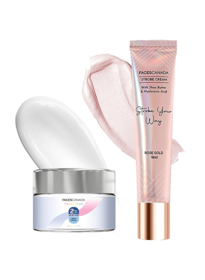 فاسيسكانادا مجموعة فيسز كندا لتفتيح البشرة - كريم ستروب - ذهبي وردي، 18 مل + كريم كومفي جلو الليلي بحمض الكوجيك 2%، 25 غ | تفتيح البشرة | يخفي البقع الداكنة وآثار حب الشباب | بشرة نضرة ومشرقة خالية من العيوب | قاعدة مكياج متألقة - Image 1